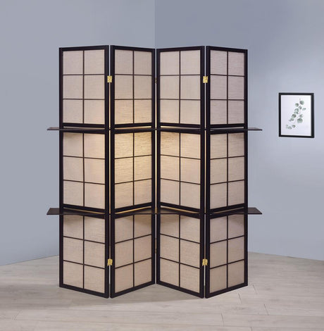 Iggy 4-Panel Folding Screen with Removable Shelves Tan/Cappuccino from Coaster - Luna Furniture