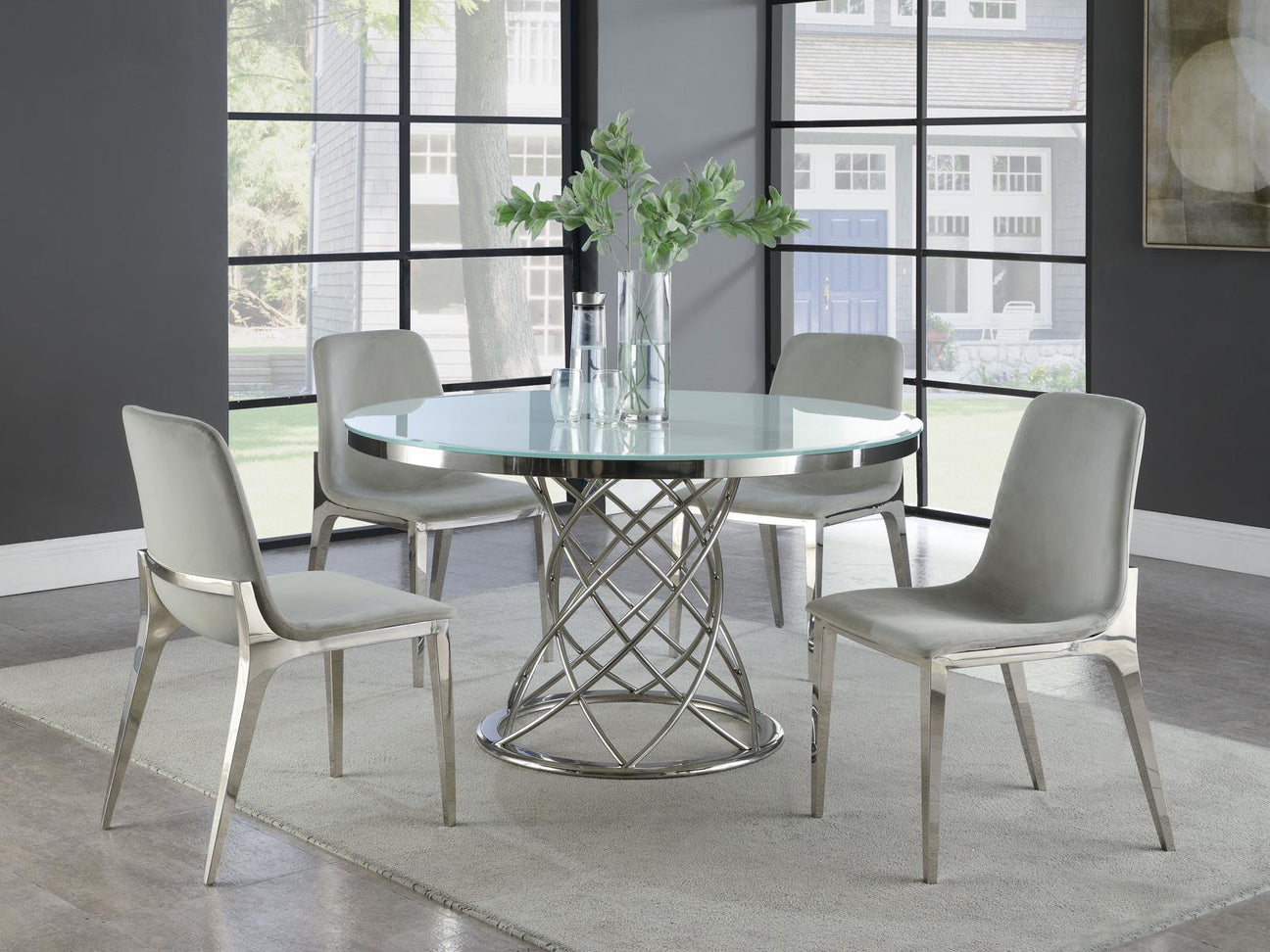 Irene White/Chrome 5-Piece Round Glass Top Dining Set from Coaster - Luna Furniture