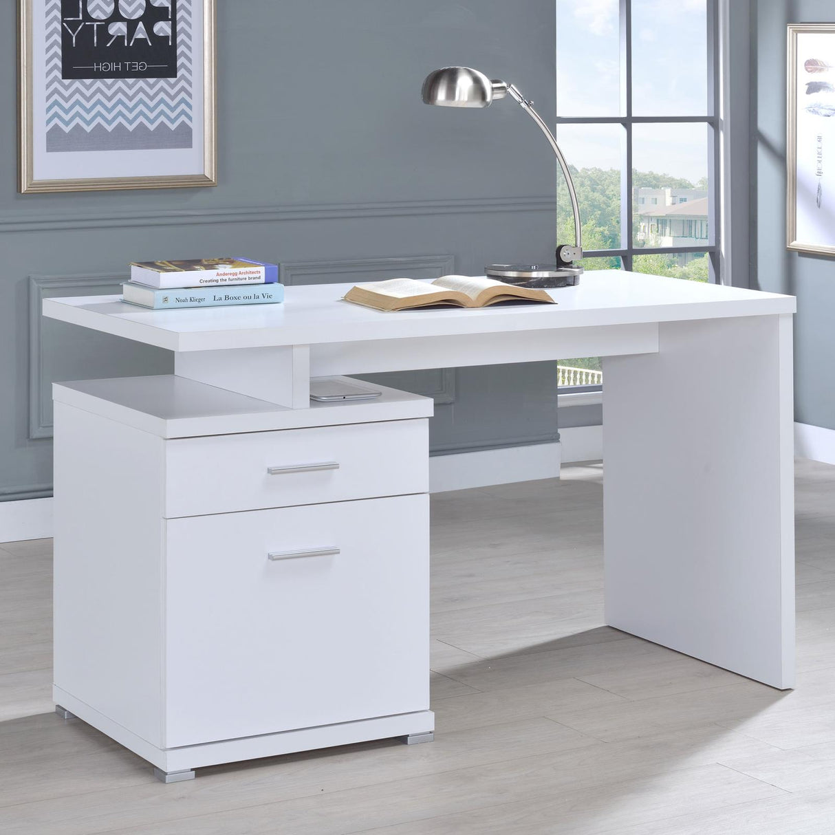 Irving White 2-Drawer Office Desk with Cabinet from Coaster - Luna Furniture