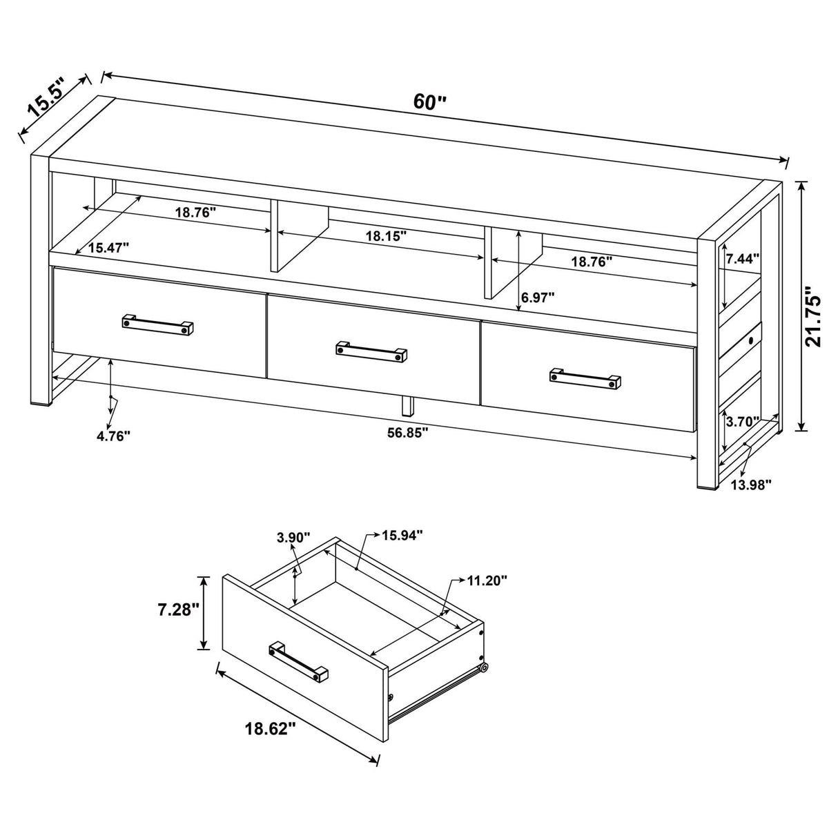 James 3-drawer Composite Wood 60" TV Stand Dark Pine - 704282 - Luna Furniture