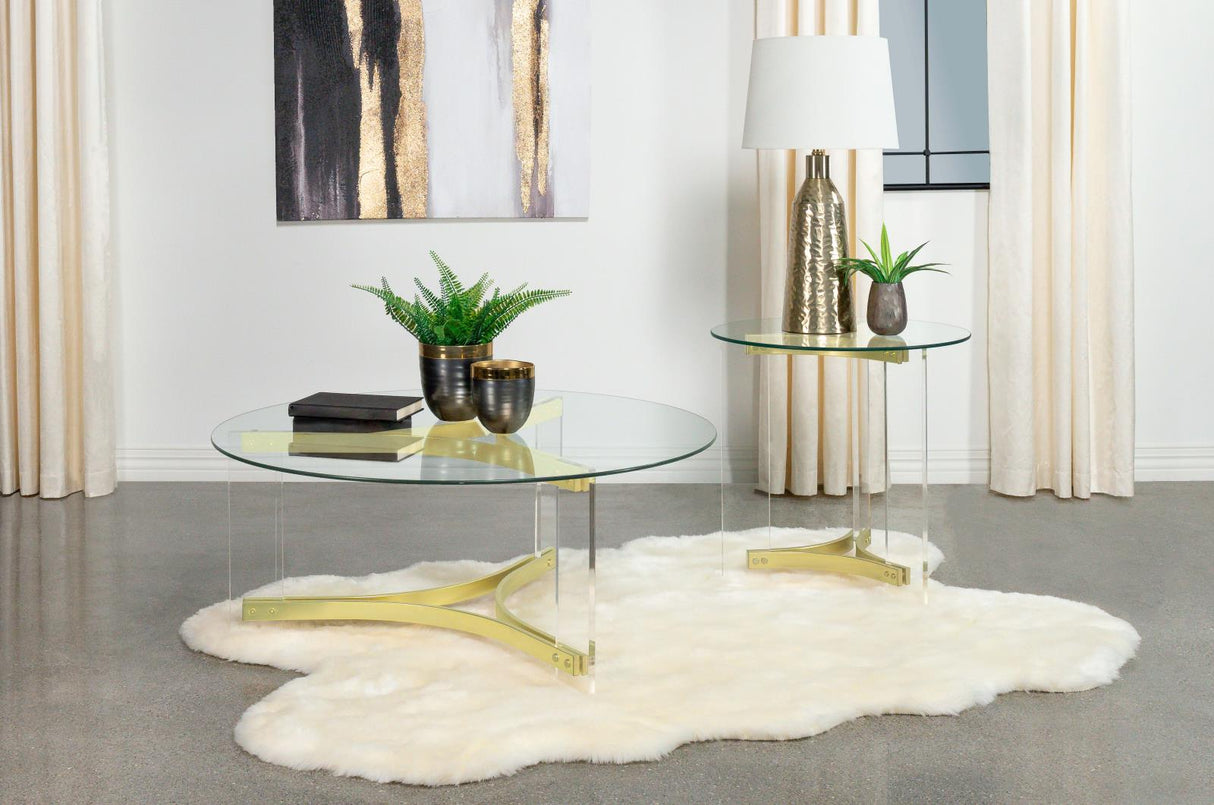 Janessa Round Glass Top Coffee Table With Acrylic Legs Clear and Matte Brass - 710068 - Luna Furniture