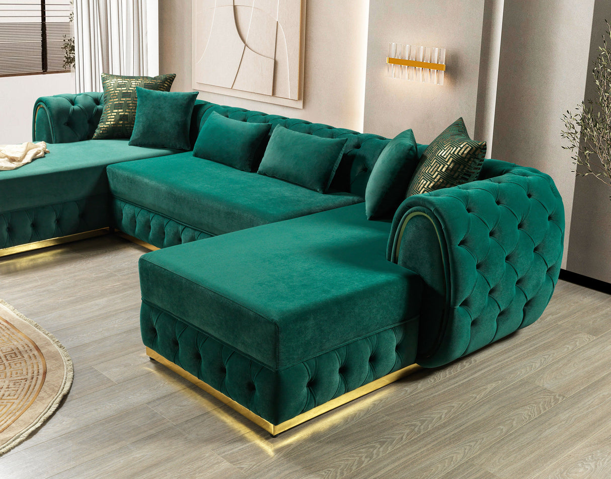 Jessie Green Velvet  Double Chaise Sectional - JESSIE SEC- GREEN - Luna Furniture