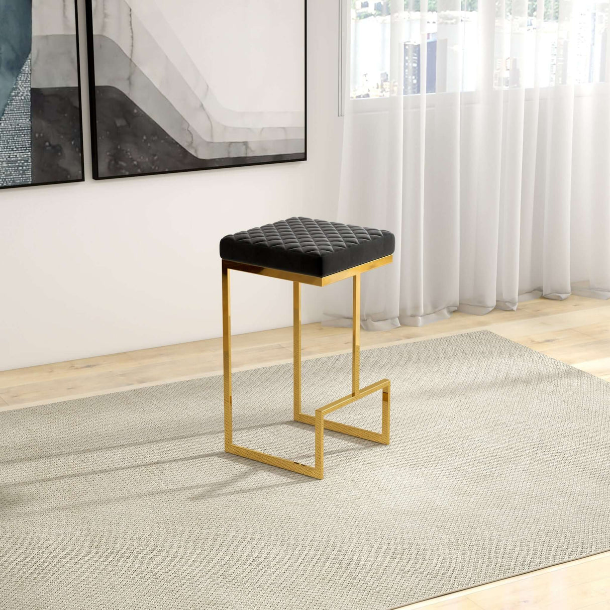 Joel Mid Century Modern Luxury Upholstered Stool 29.5" / Black Velvet - AFC01713 - Luna Furniture