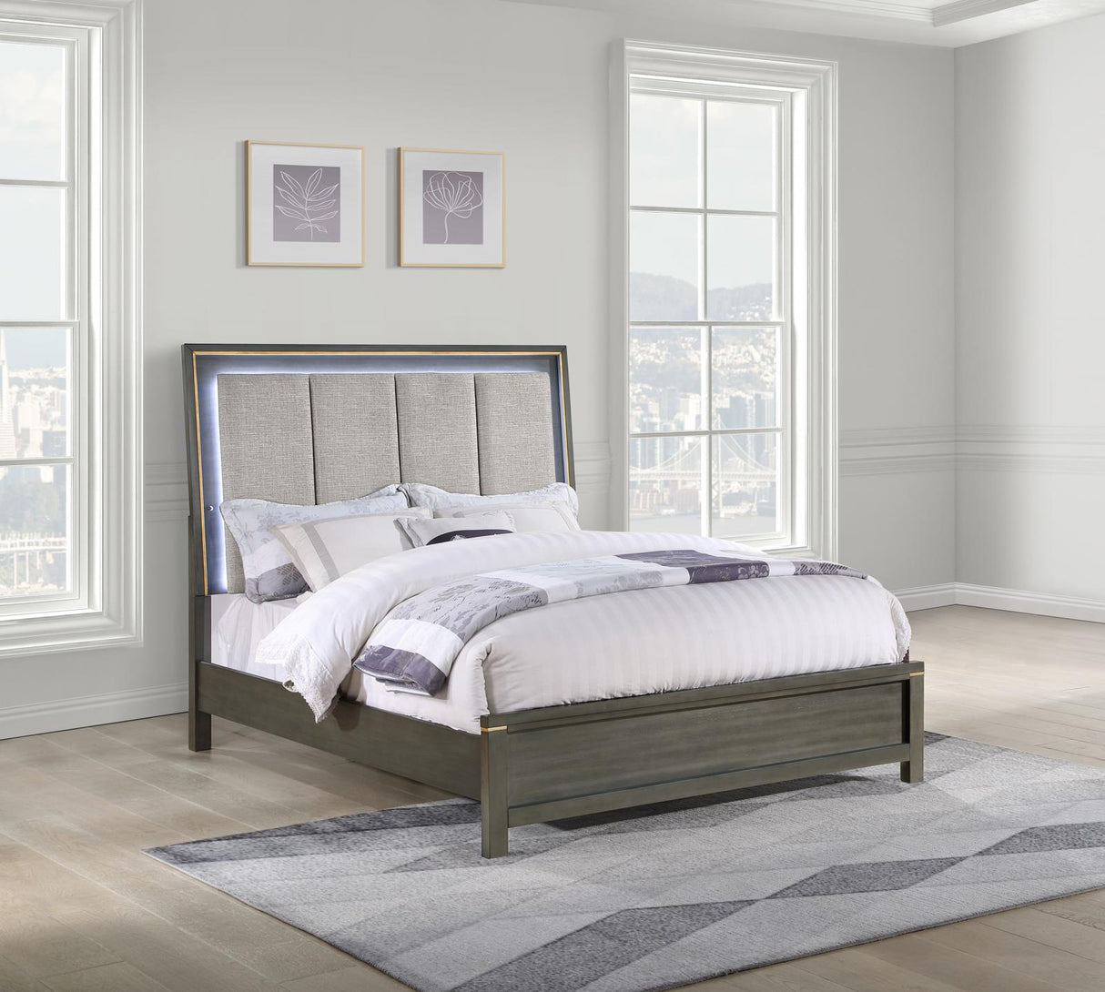 Kieran Eastern King Panel Bed with Upholstered LED Headboard Grey from Coaster - Luna Furniture