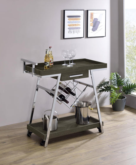 Kinney 2-tier Bar Cart with Storage Drawer Rustic Grey and Chrome from Coaster - Luna Furniture