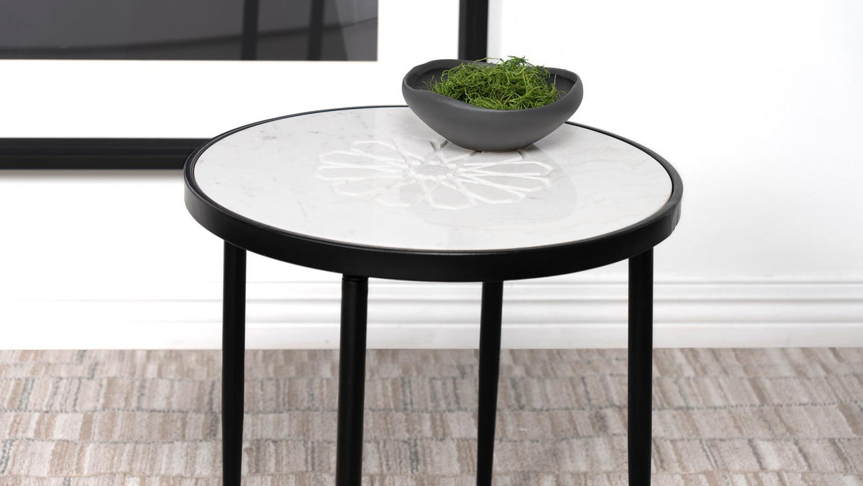 Kofi Round Marble Top Side Table White and Black - 930166 - Luna Furniture