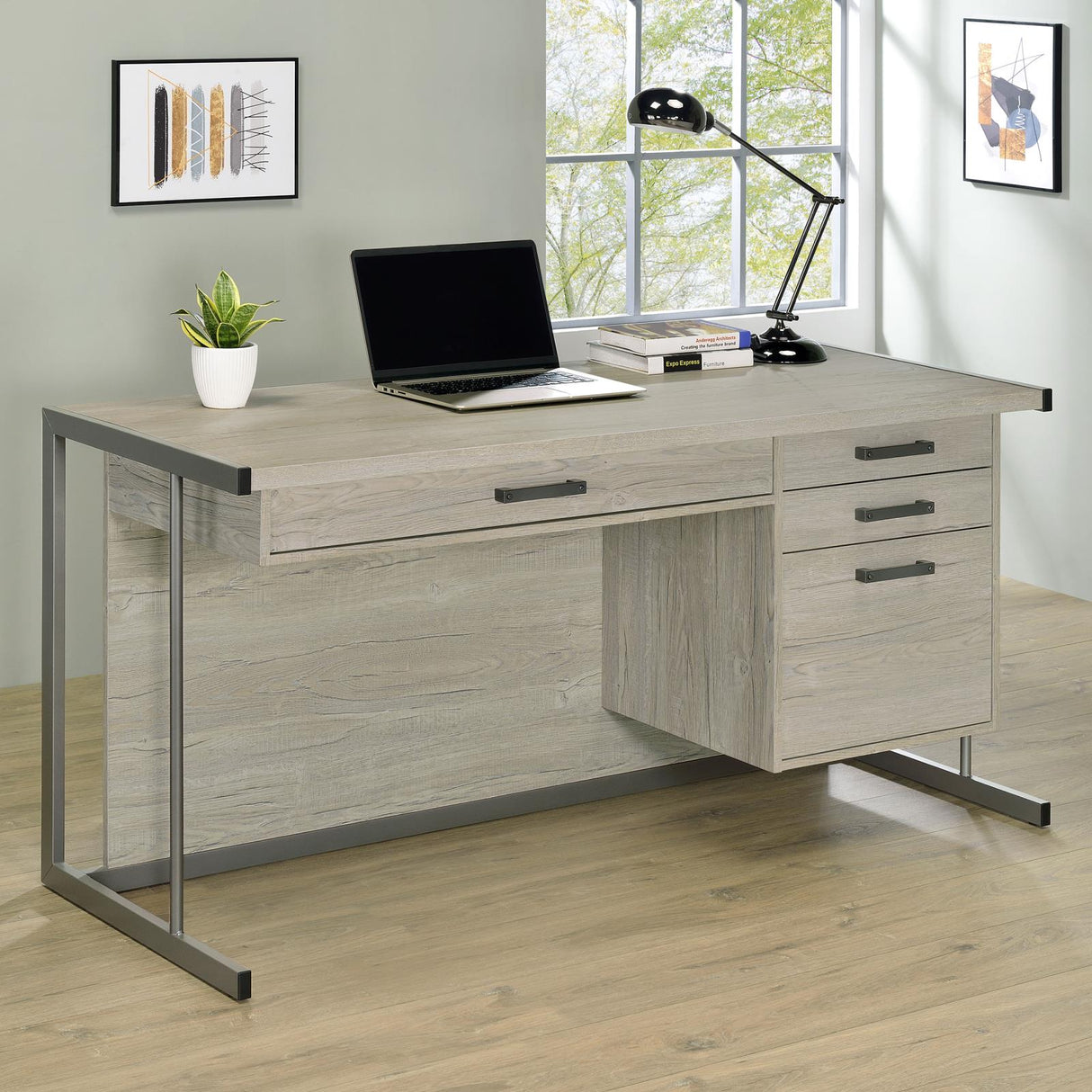 Loomis 4-drawer Rectangular Office Desk Whitewashed Grey and Gunmetal - 805881 - Luna Furniture