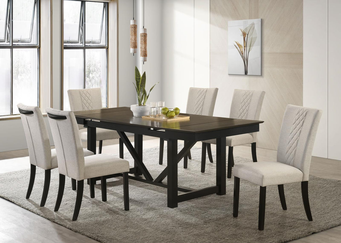 Malia Beige/Black 7-Piece Rectangular Dining Set with Refractory Extension Leaf from Coaster - Luna Furniture