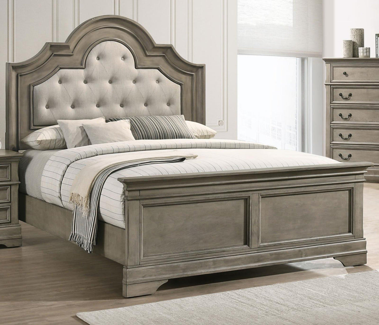 Manchester Bed with Upholstered Arched Headboard Beige and Wheat - 222891KW - Luna Furniture