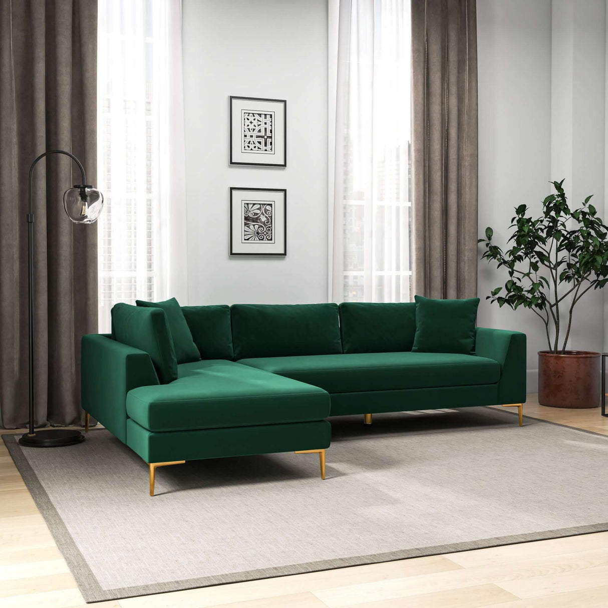 Mano Mid-Century Modern L-Shaped Velvet  Sectional Sofa in Green Left Sectional - AFC00535 - Luna Furniture