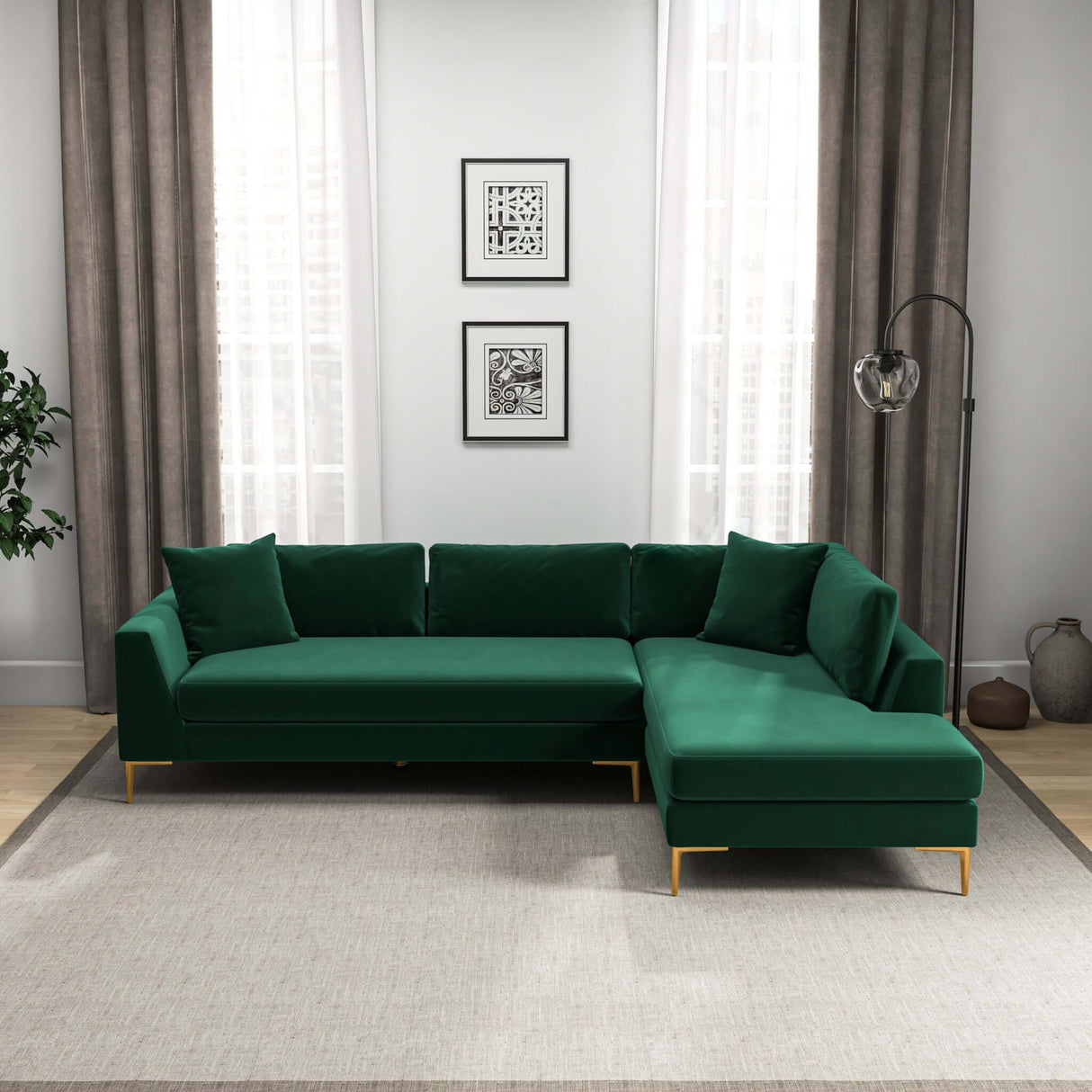 Mano Mid-Century Modern L-Shaped Velvet  Sectional Sofa in Green Left Sectional - AFC00535 - Luna Furniture