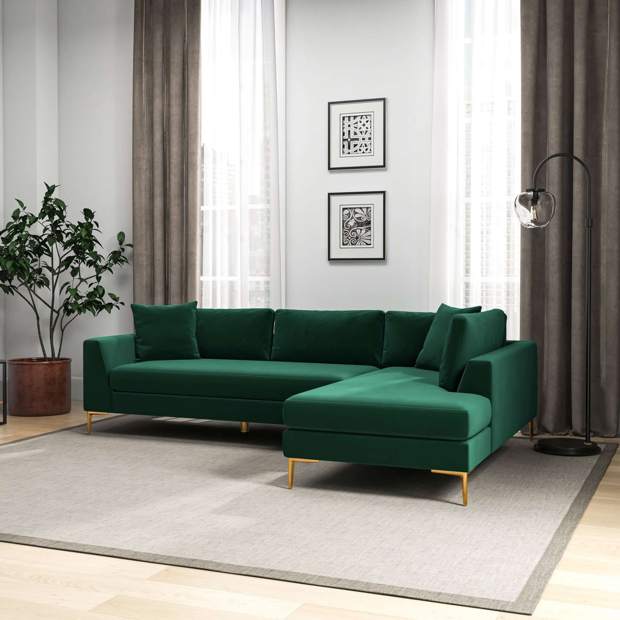 Mano Mid-Century Modern L-Shaped Velvet  Sectional Sofa in Green Left Sectional - AFC00535 - Luna Furniture