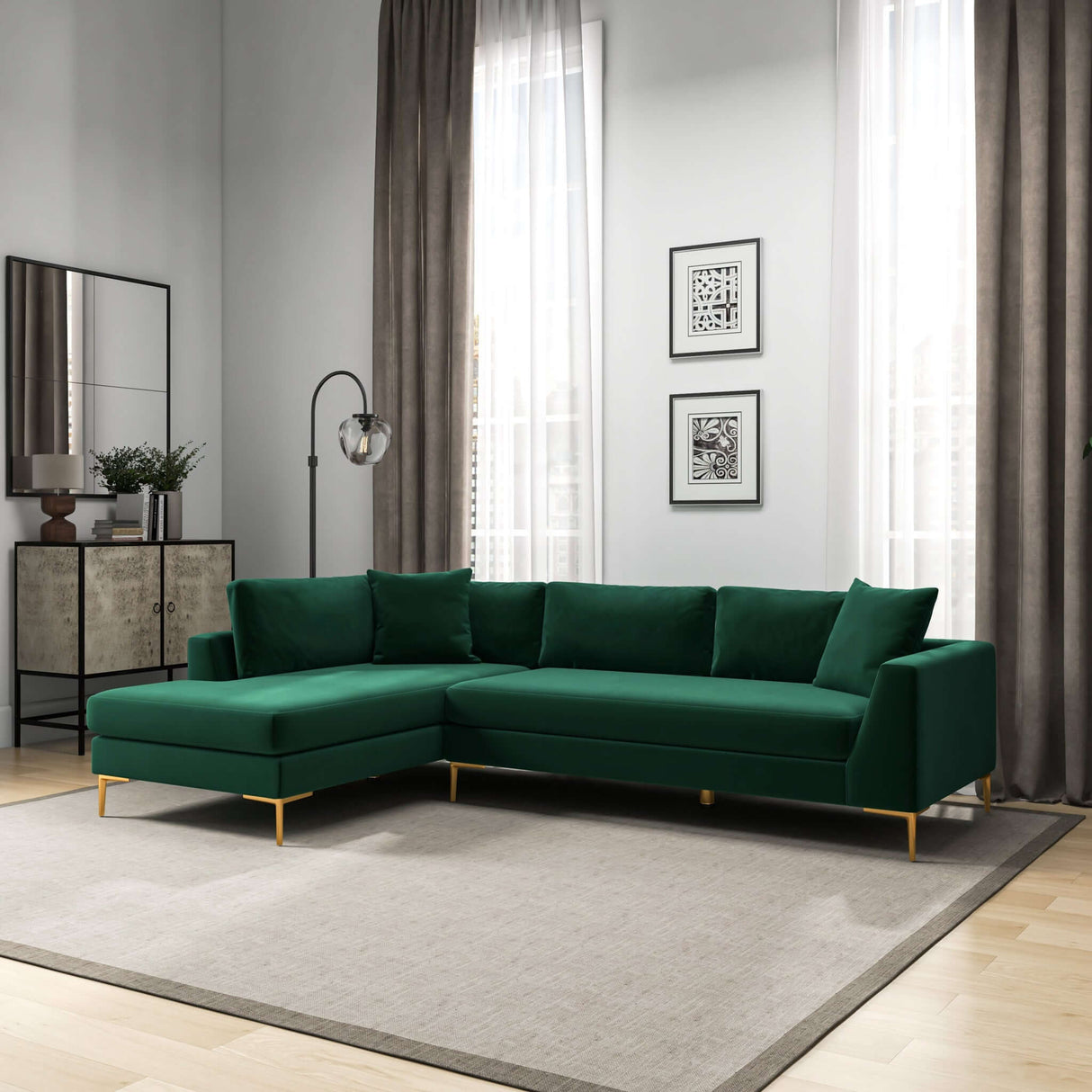 Mano Mid-Century Modern L-Shaped Velvet  Sectional Sofa in Green Left Sectional - AFC00535 - Luna Furniture