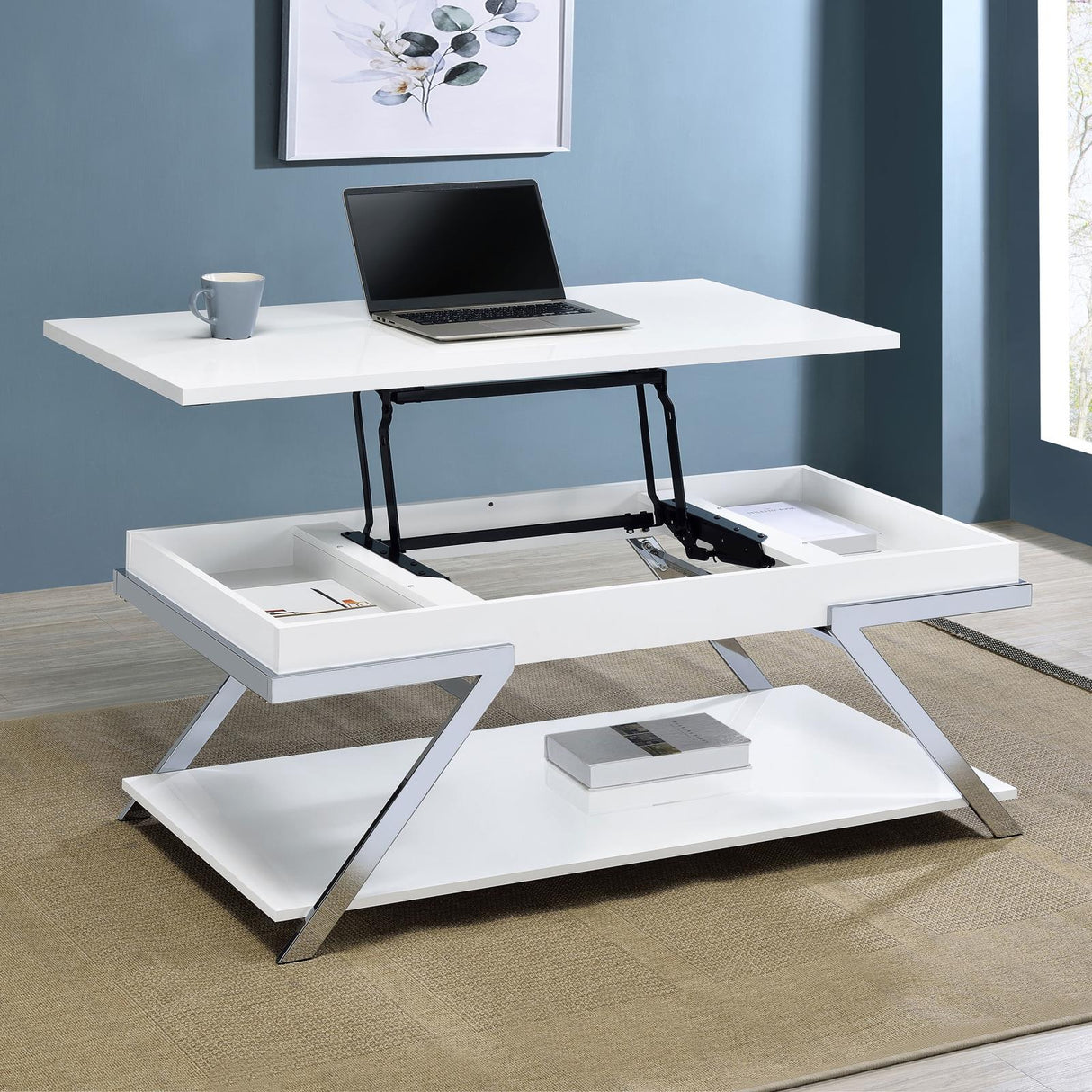 Marcia Wood Rectangular Lift Top Coffee Table White High Gloss and Chrome from Coaster - Luna Furniture