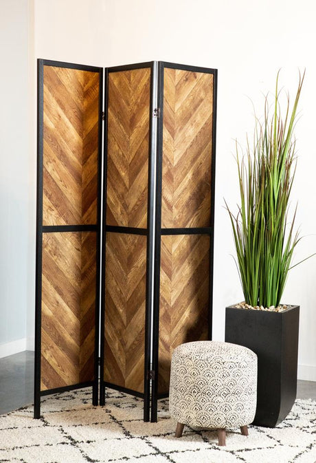 Marlene Herringbone Pattern 3-Panel Screen Rustic Tobacco and Black - 962922 - Luna Furniture