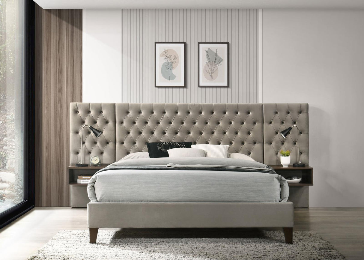 Marley Upholstered Queen Platform Bed with Headboard Panels Light Brown from Coaster - Luna Furniture