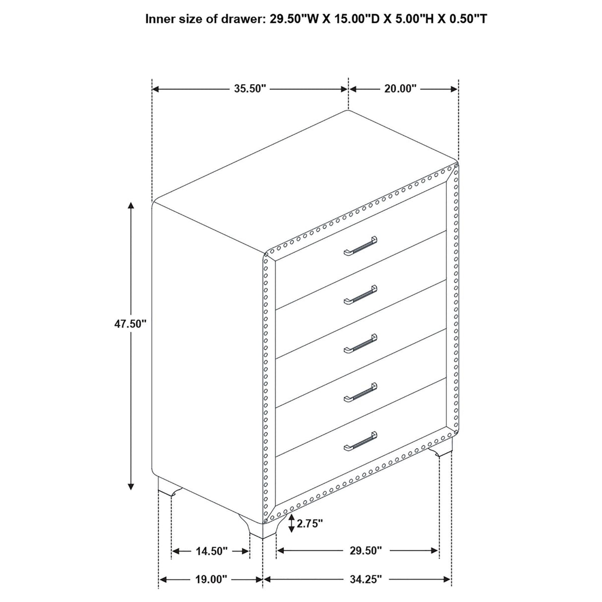 Melody 5-drawer Upholstered Chest Grey - 223385 - Luna Furniture