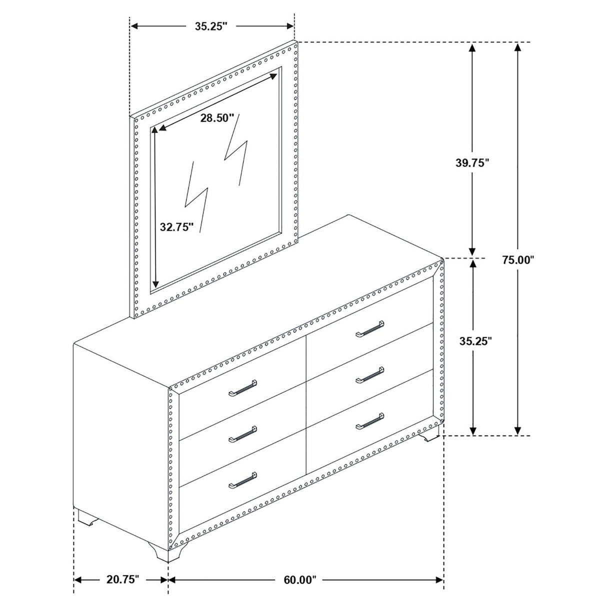 Melody 6-drawer Upholstered Dresser with Mirror Grey - 223383M - Luna Furniture