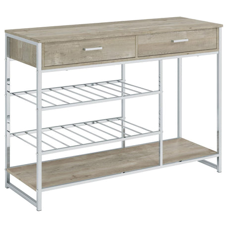 Melrose 2-shelf Wine Cabinet with 2 Drawers Gray Washed Oak and Chrome from Coaster - Luna Furniture