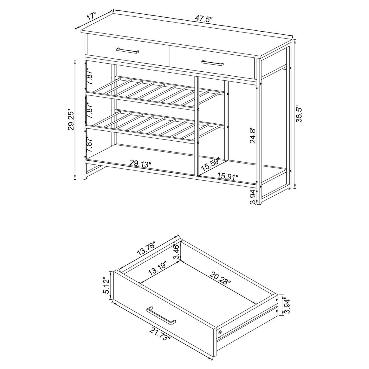 Melrose 2-shelf Wine Cabinet with 2 Drawers Gray Washed Oak and Chrome from Coaster - Luna Furniture