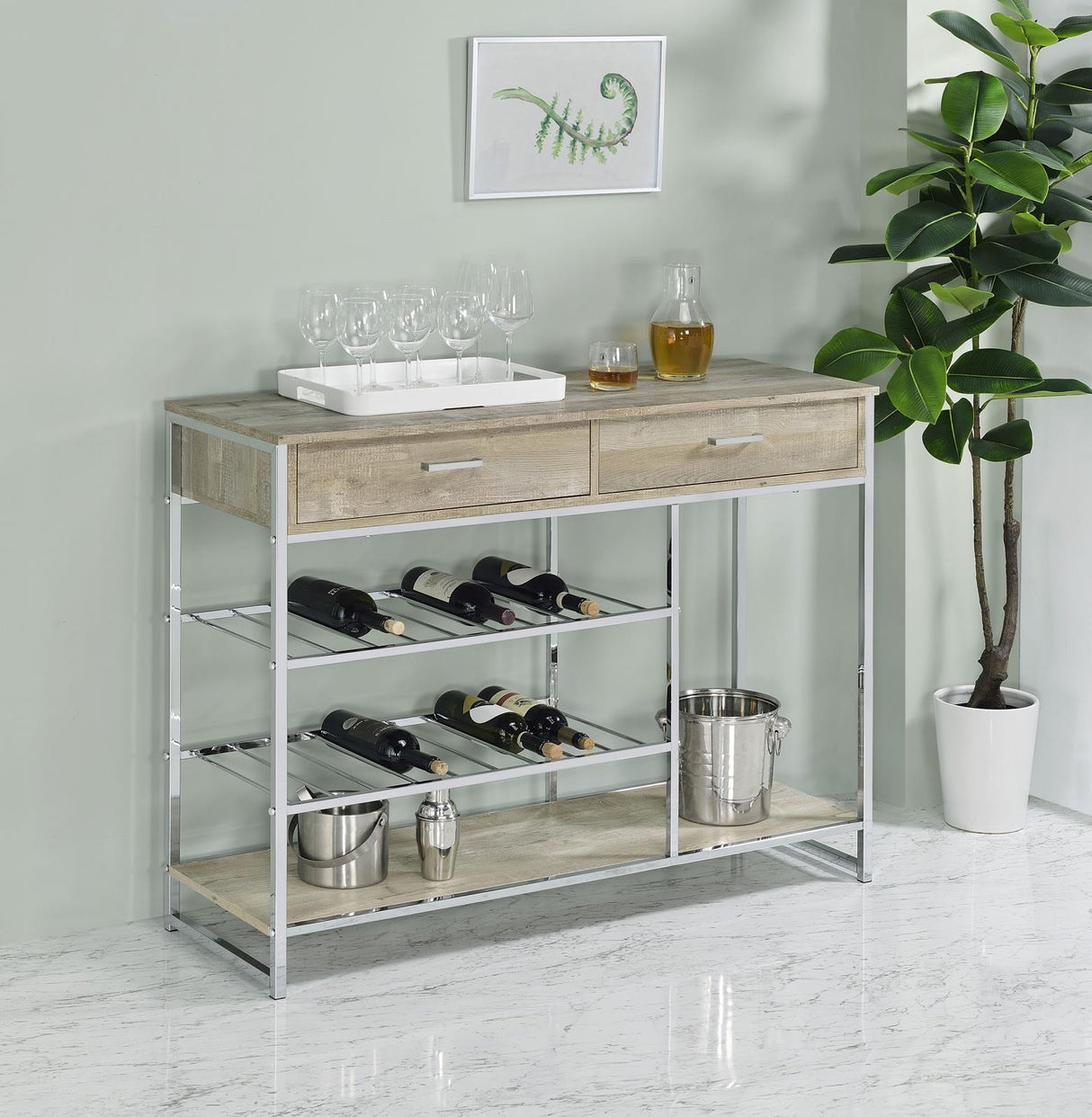 Melrose 2-shelf Wine Cabinet with 2 Drawers Gray Washed Oak and Chrome from Coaster - Luna Furniture