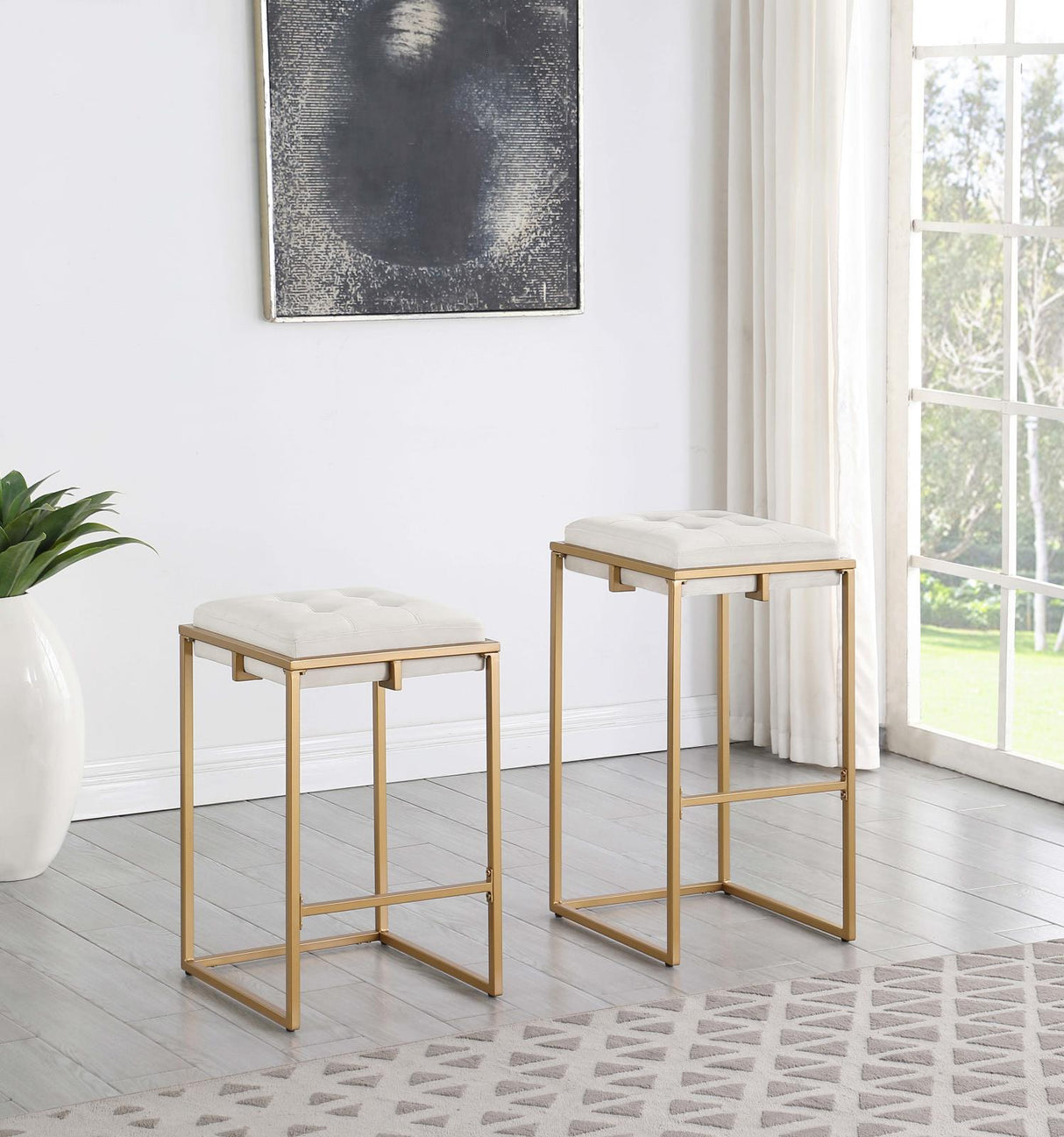 Nadia Beige/Gold Square Padded Seat Bar Stool, Set of 2 from Coaster - Luna Furniture