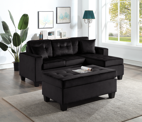 Happy Black Velvet Sectional with Ottoman - Luna Furniture