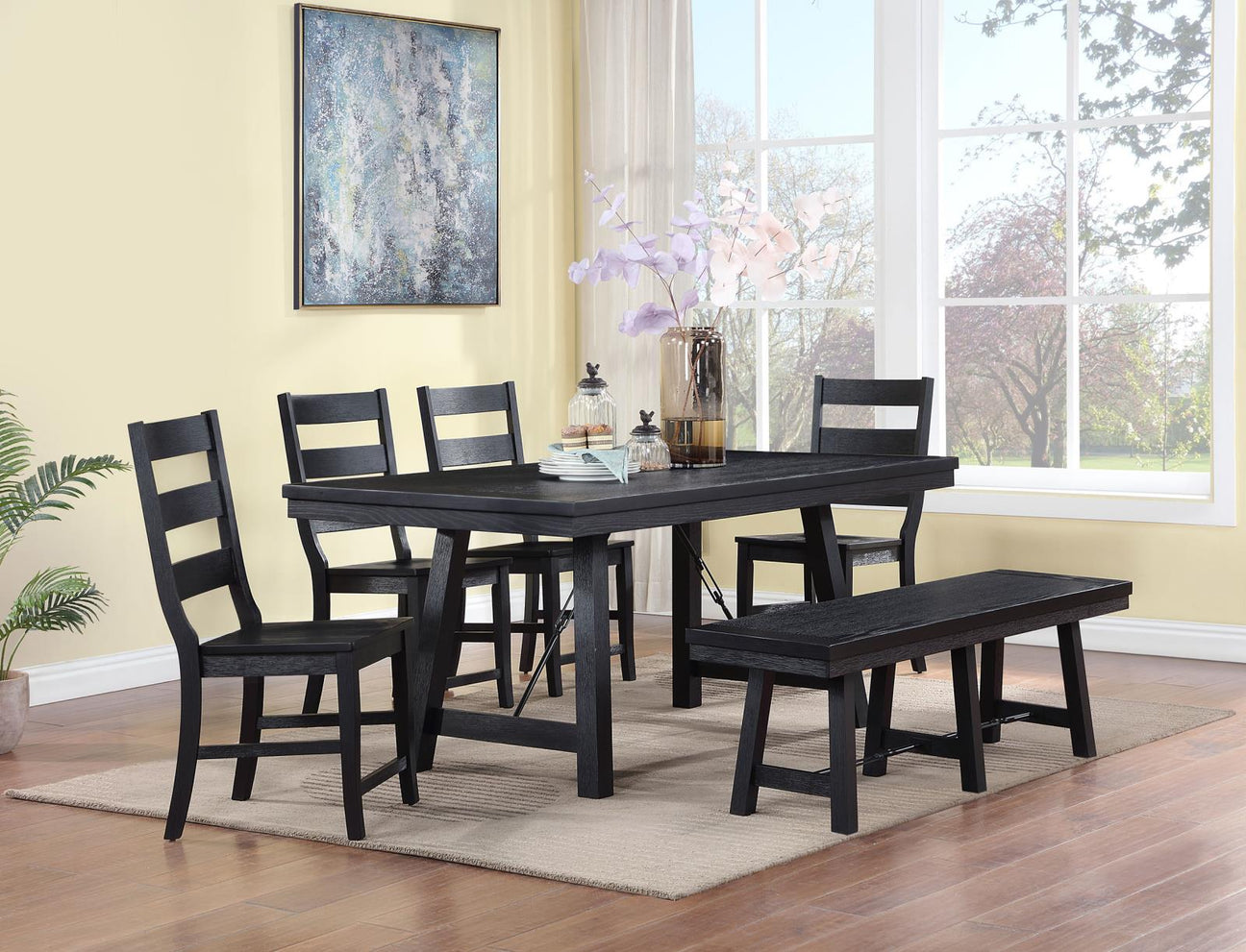 Newport Black 6-Piece Rectangular Trestle Dining Set with Bench from Coaster - Luna Furniture