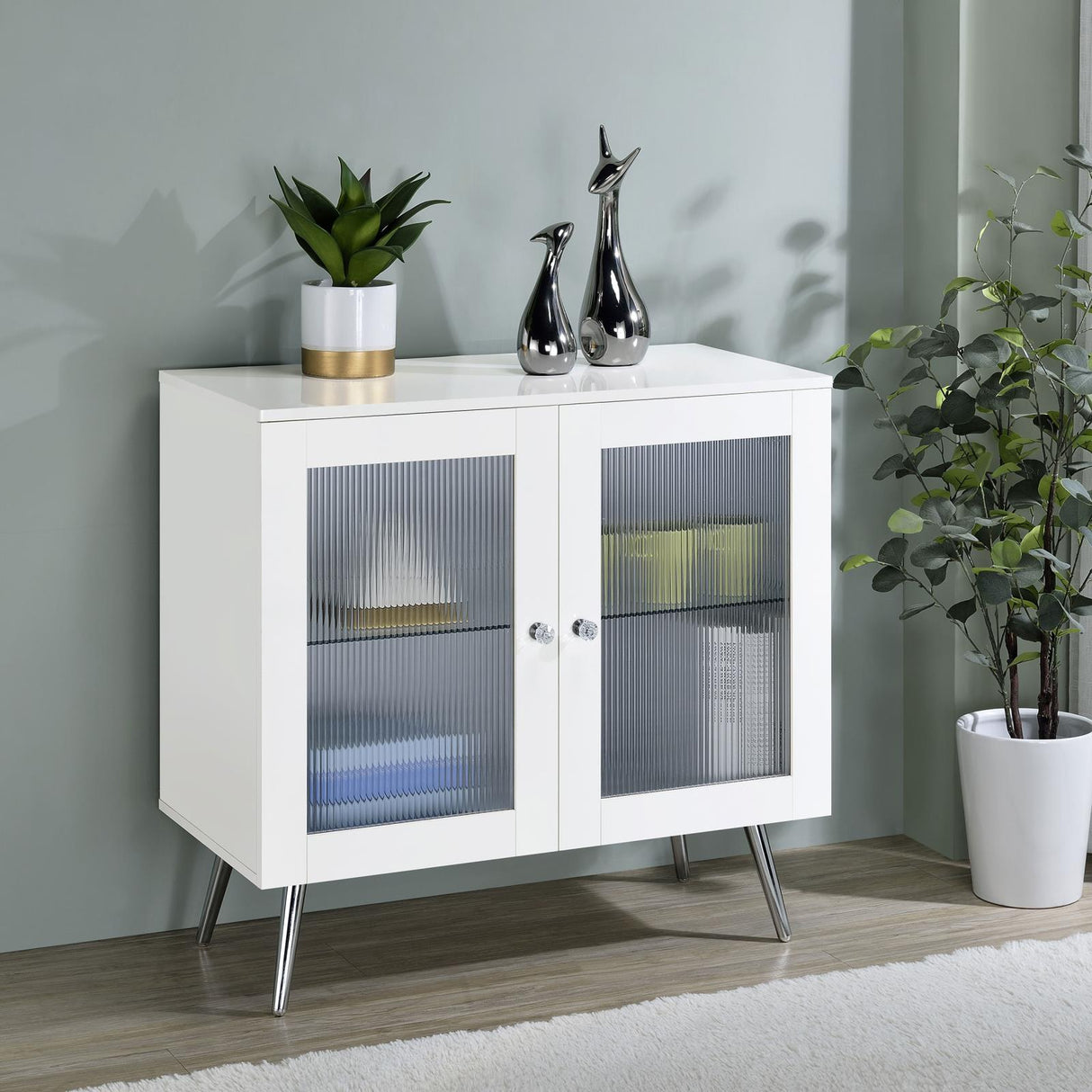 Nieta White High Gloss/Chrome 2-Tier Accent Cabinet with Glass Shelf from Coaster - Luna Furniture