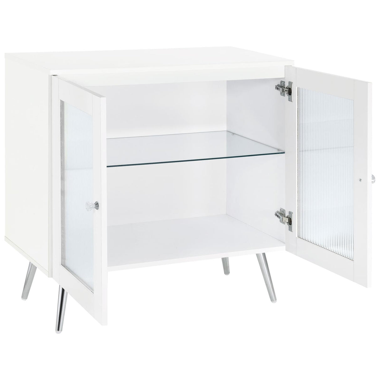 Nieta White High Gloss/Chrome 2-Tier Accent Cabinet with Glass Shelf from Coaster - Luna Furniture