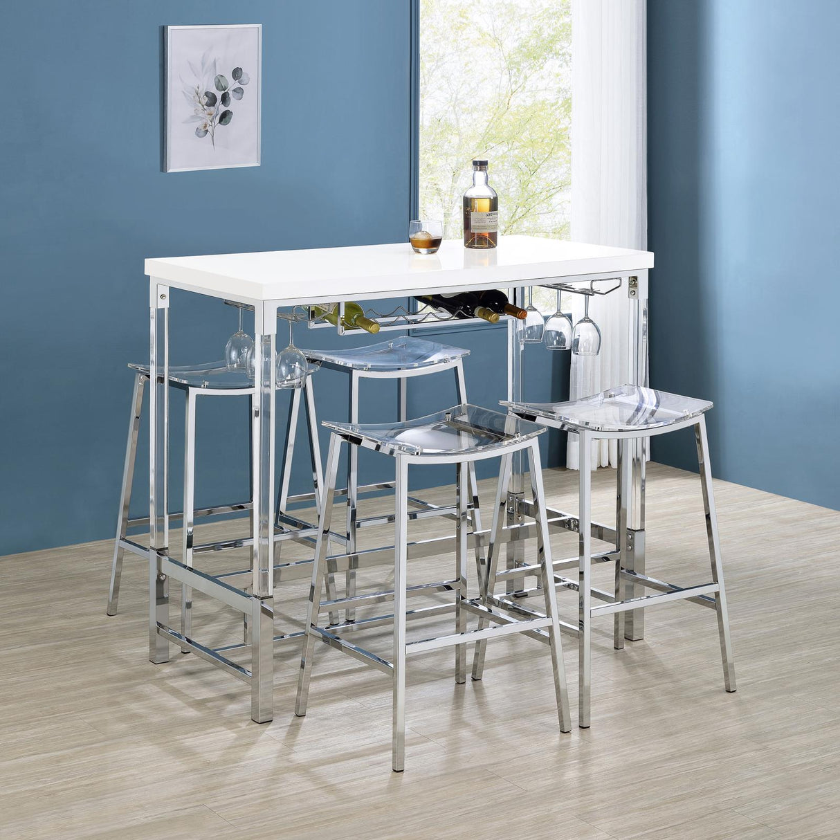 Norcrest Pub Height Bar Table with Acrylic Legs and Wine Storage White High Gloss from Coaster - Luna Furniture