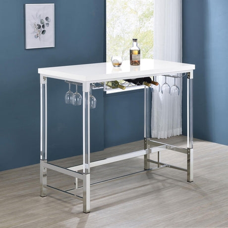 Norcrest Pub Height Bar Table with Acrylic Legs and Wine Storage White High Gloss from Coaster - Luna Furniture