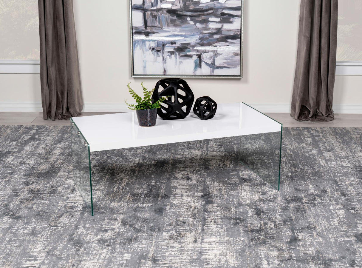 Opal Rectangular Coffee Table With Clear Glass Legs White High Gloss from Coaster - Luna Furniture