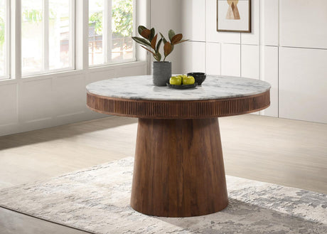 Ortega Round Marble Top Solid Base Dining Table White and Natural from Coaster - Luna Furniture