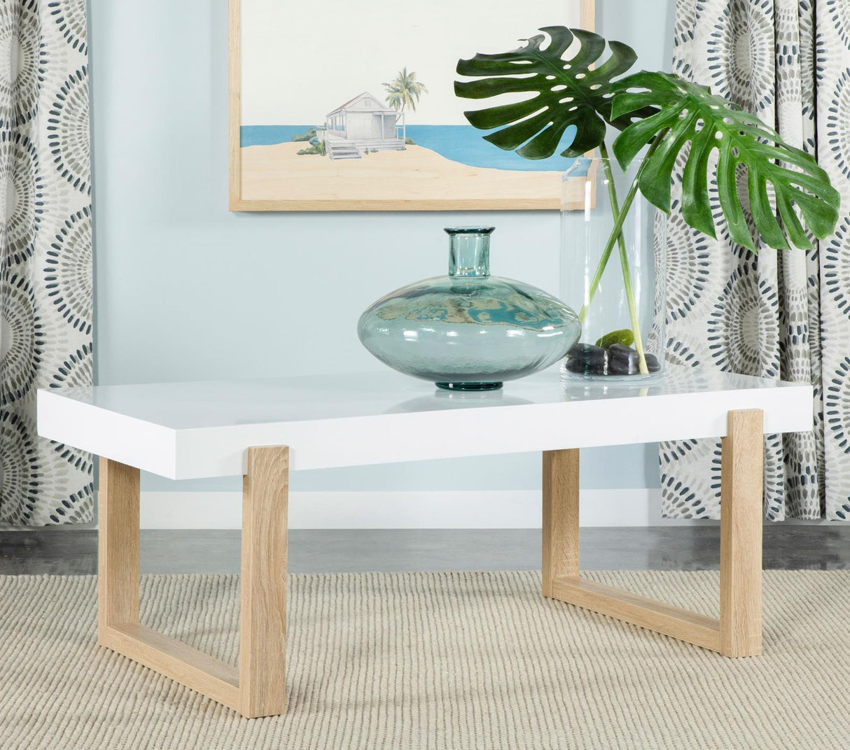 Pala White High Gloss/Natural Rectangular Coffee Table with Sled Base from Coaster - Luna Furniture