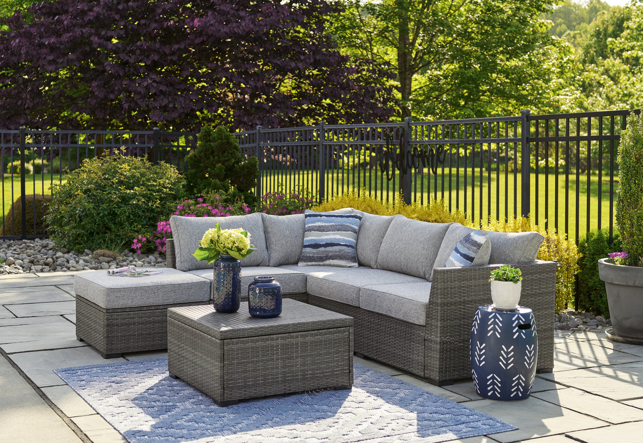 Petal Road Gray Outdoor Loveseat Sectional/Ottoman/Table Set from Ashley - Luna Furniture