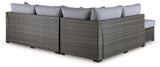 Petal Road Gray Outdoor Loveseat Sectional/Ottoman/Table Set from Ashley - Luna Furniture