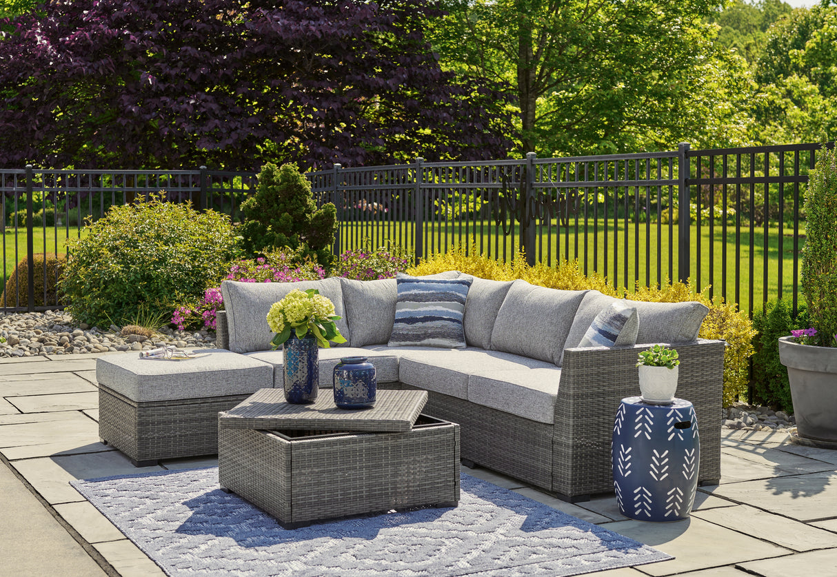 Petal Road Gray Outdoor Loveseat Sectional/Ottoman/Table Set from Ashley - Luna Furniture