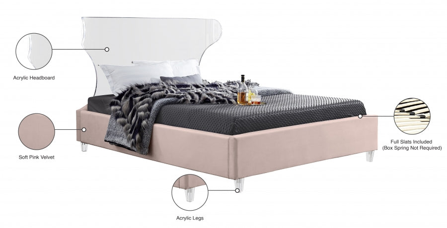 Ghost Pink Velvet Queen Bed from Meridian - Luna Furniture