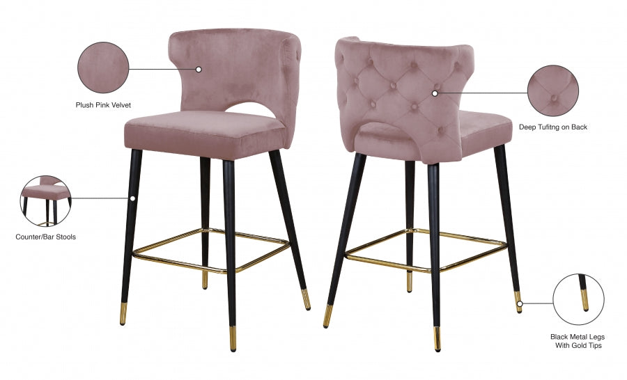 Kelly Pink Velvet Counter Stool, Set of 2 from Meridian - Luna Furniture