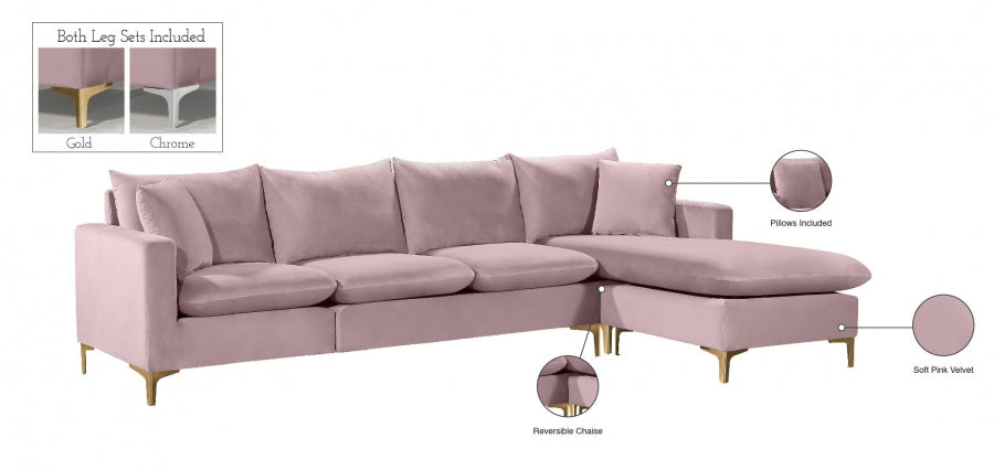 Naomi Pink Velvet Reversible Sectional from Meridian - Luna Furniture