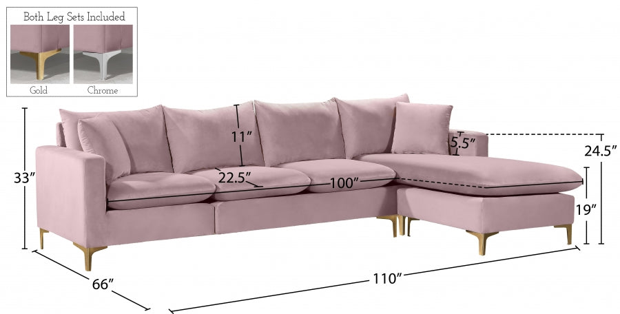 Naomi Pink Velvet Reversible Sectional from Meridian - Luna Furniture