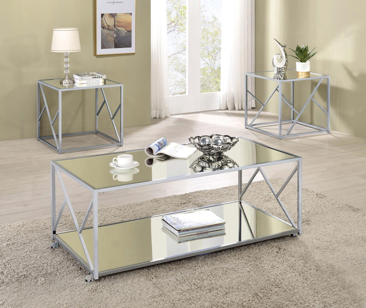 Provins 3-Piece Occasional Table Set Clear Mirror/Chrome from Coaster - Luna Furniture