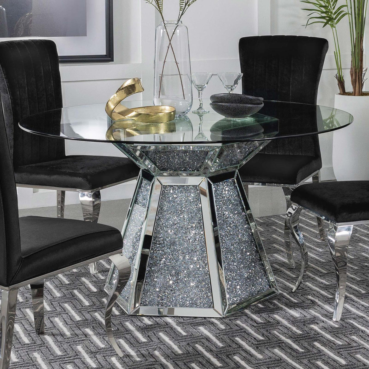 Quinn Mirror Hexagon Pedestal Glass Top Dining Table from Coaster - Luna Furniture