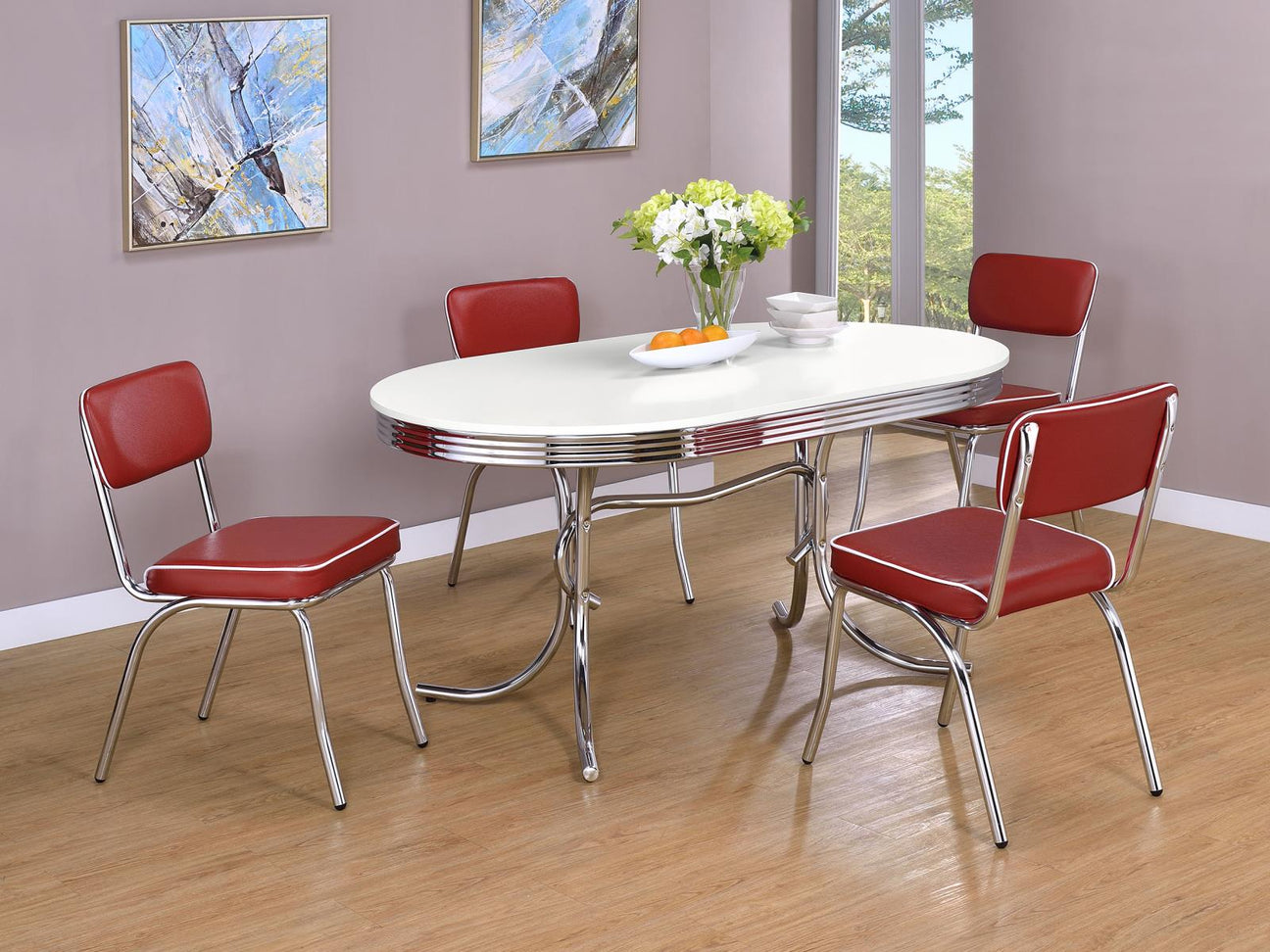 Retro Glossy White/Red 5-Piece Oval Dining Set from Coaster - Luna Furniture