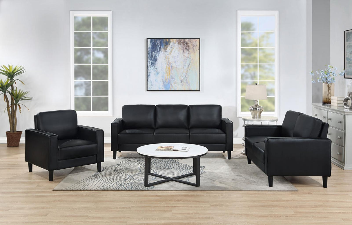 Ruth 3-piece Upholstered Track Arm Faux Leather Sofa Set Black from Coaster - Luna Furniture