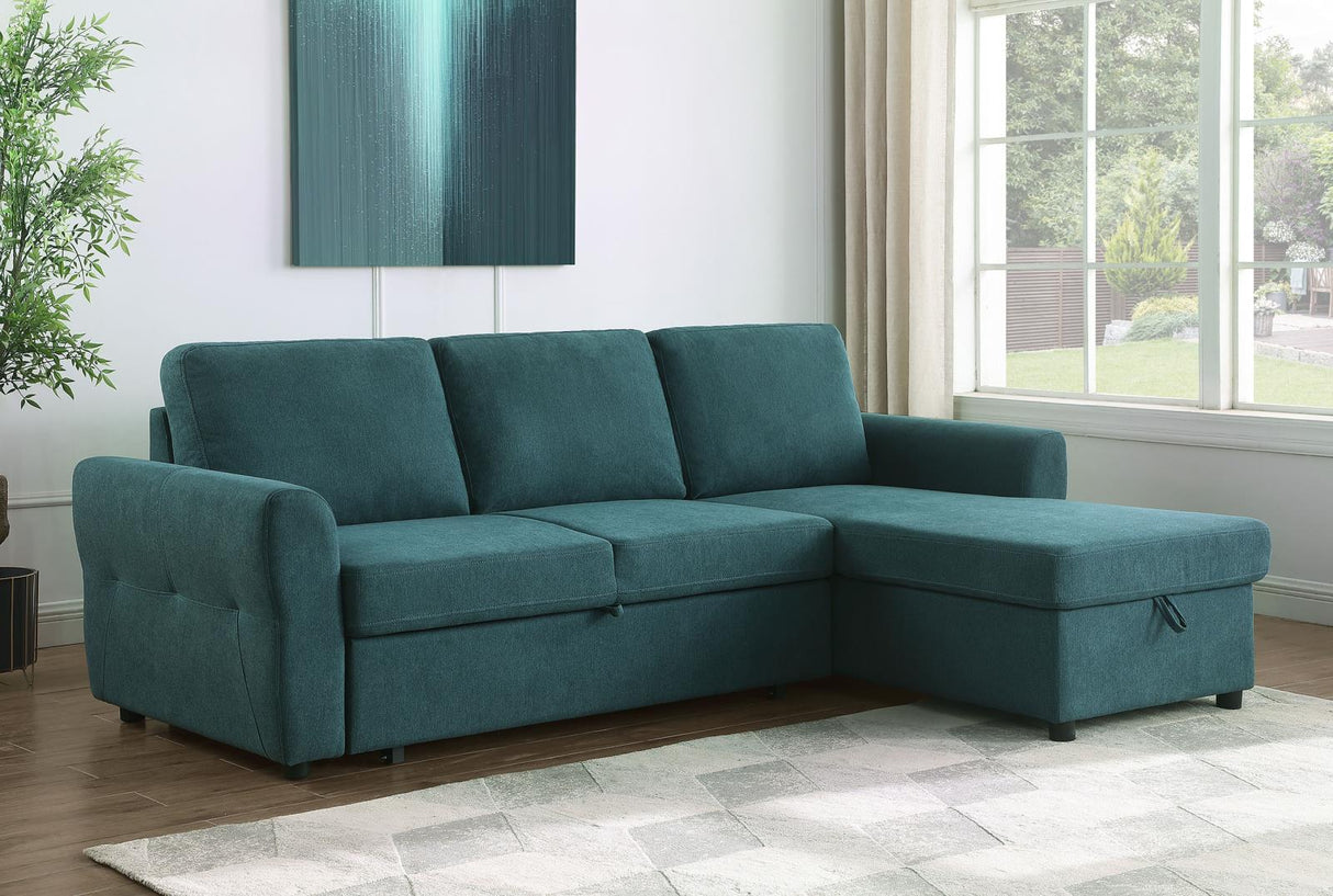 Samantha Upholstered Sleeper Sofa Sectional with Storage Chaise Teal Blue from Coaster - Luna Furniture