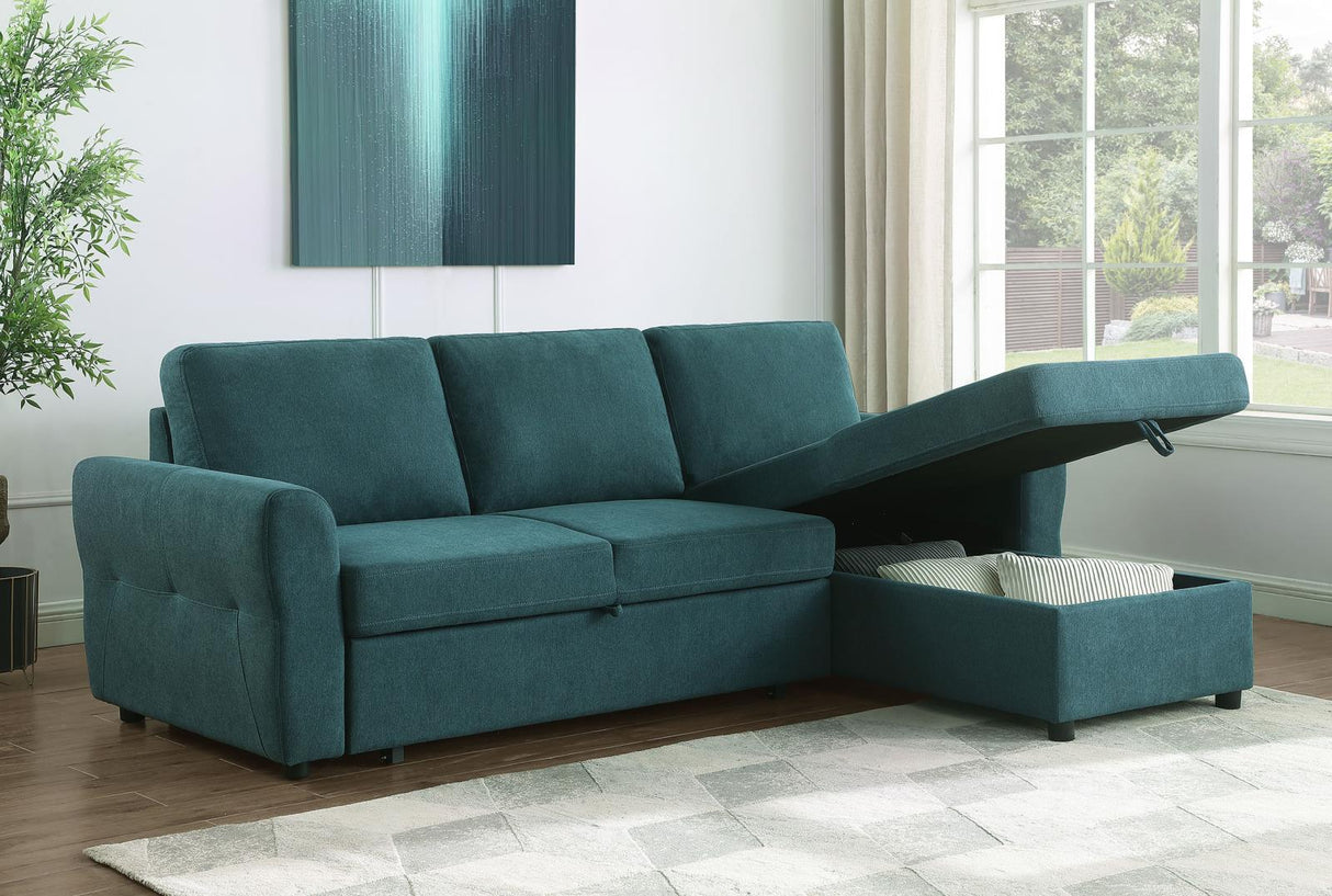 Samantha Upholstered Sleeper Sofa Sectional with Storage Chaise Teal Blue from Coaster - Luna Furniture