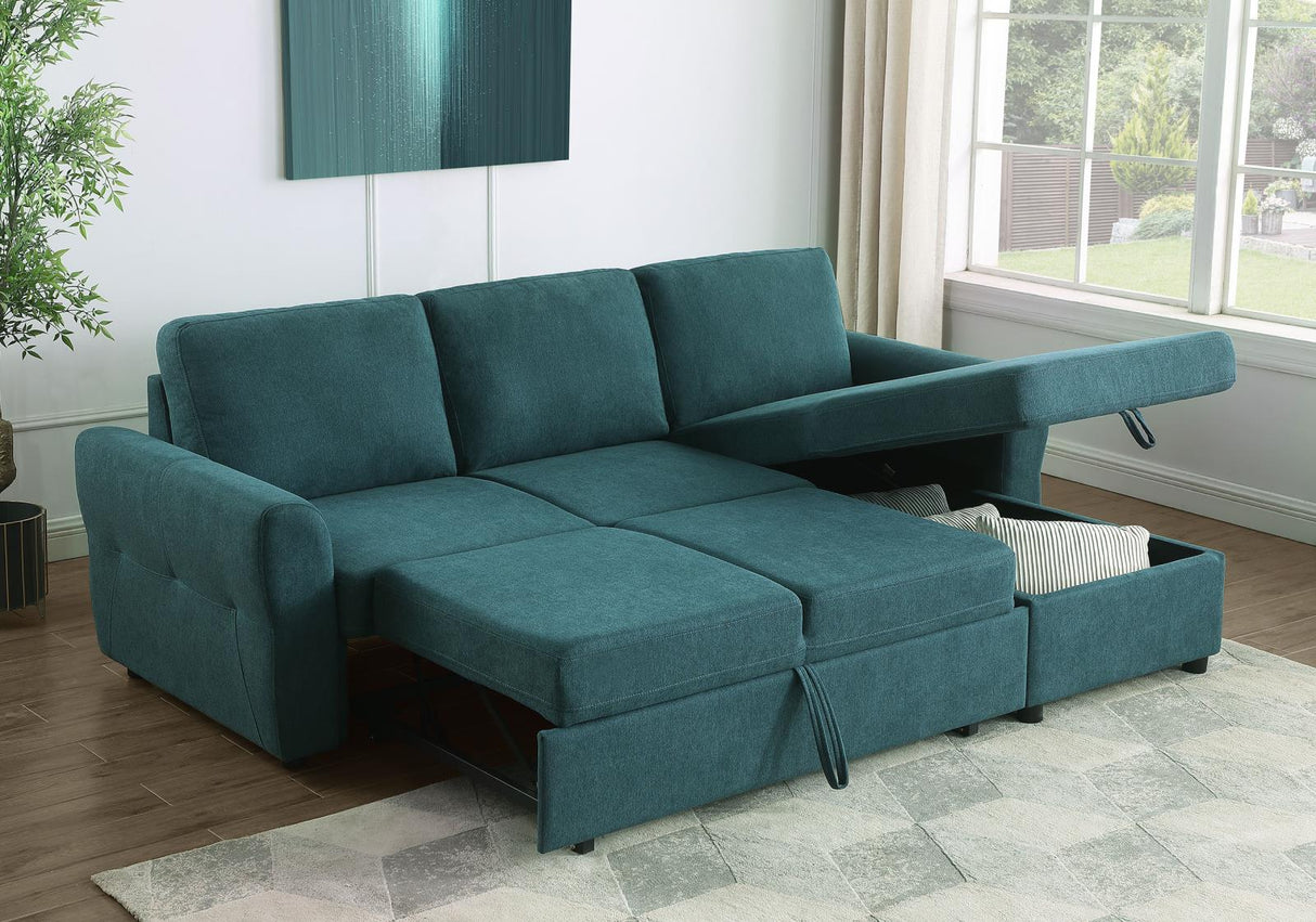 Samantha Upholstered Sleeper Sofa Sectional with Storage Chaise Teal Blue from Coaster - Luna Furniture