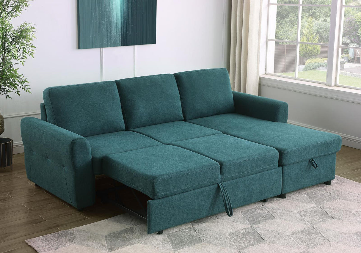 Samantha Upholstered Sleeper Sofa Sectional with Storage Chaise Teal Blue from Coaster - Luna Furniture